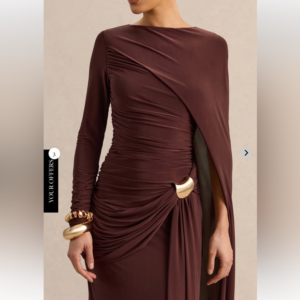 Club L London Orintha Brown Slashed-Neck Maxi Dress With Cape And Gold-Detail - Picture 3 of 4